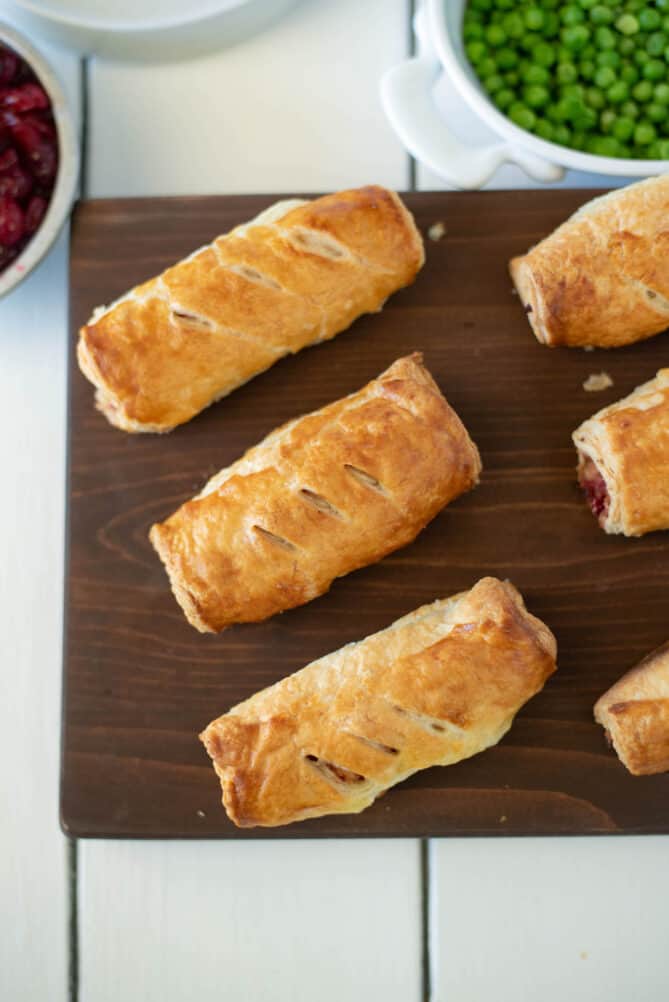 Turkey, stuffing and cranberry sausage rolls from overhead