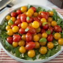 Red and yellow cherry tomatoes served warm on a plate with greens and basil
