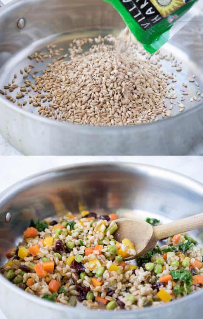 Pouring farro grains into a pan
