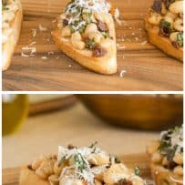 Grating Parmesan cheese over bean crostini and one with a bite taken out