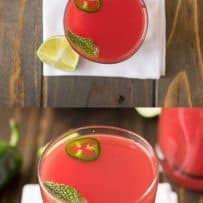 A closeup of the drink showing the green garnishes floating on top