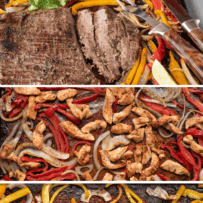 Roasted beef, roasted chicken and roasted shrimp fajitas